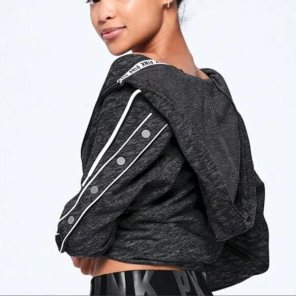 Victoriaβs Secret PINK Sz XS Snap Button Sleeve Full Zip Hoodie Gray Sweater Top - Picture 3 of 11